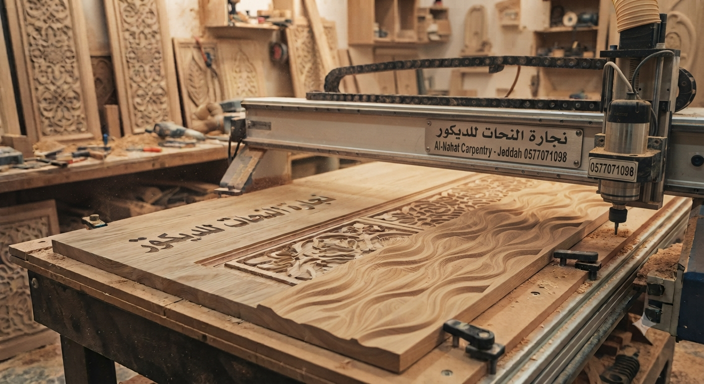 A CNC wood engraving machine mounted on a workbench in a woodworking workshop, actively carving an ornate floral pattern into a large wooden panel with Arabic text منجرة جدة